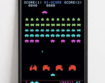 Space Invaders Arcade Wall Art, Retro 80s Video Game Poster (Unframed)