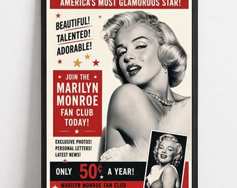 Marilyn Monroe Fan Club Poster | 1950s Hollywood Retro Art Print (Unframed)