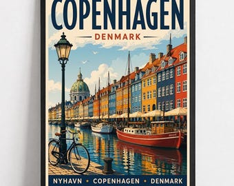 Copenhagen Nyhavn Travel Poster | Retro Scandinavian Harbour Art (Unframed)