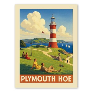 May include: A vintage travel poster featuring a red and white striped lighthouse on a green hill overlooking a blue body of water. The lighthouse has a flag flying from the top. The poster says "Plymouth Hoe" at the bottom.
