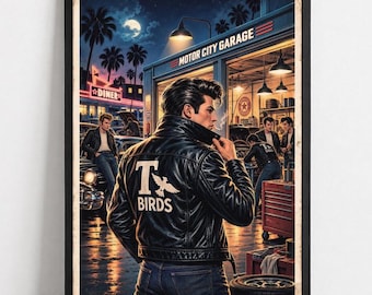 Grease T-Birds Poster, 1950s Garage Scene Art Print, movie poster (Unframed)