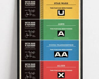 Può includere: Un poster incorniciato che presenta quattro certificati del British Board of Film Censors per i film Star Wars, Jaws, Young Frankenstein e Alien. Ogni sezione mostra il titolo del film, una lettera di classificazione e testo ufficiale.