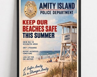 Amity Island Police Poster | Jaws Inspired Retro Movie Art (Unframed)