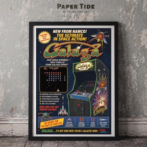 Galaga Arcade-affisch | Väggkonst med retro-videospel från 1980-talet, klassiskt skåptryck (oramat)