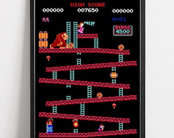 Donkey Kong Arcade Wall Art, Retro 80s Video Game Poster (Unframed)