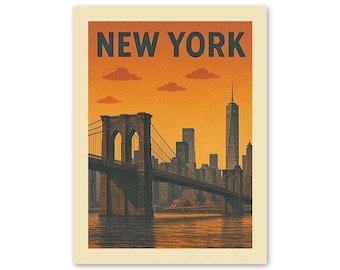 Vintage Brooklyn Bridge Print – Retro NYC Sunset Skyline Art