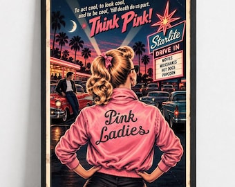 Grease Pink Ladies Poster, 1950s Retro Movie Musical Wall Art, Think Pink (Unframed)