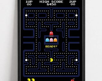 Pac Man Arcade Wall Art, Retro Gaming Poster, 80s Video Game Print (Unframed)