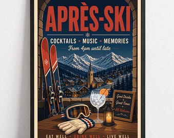 Après Ski Poster | Vintage Alpine Village, Ski Lodge Decor (Unframed)