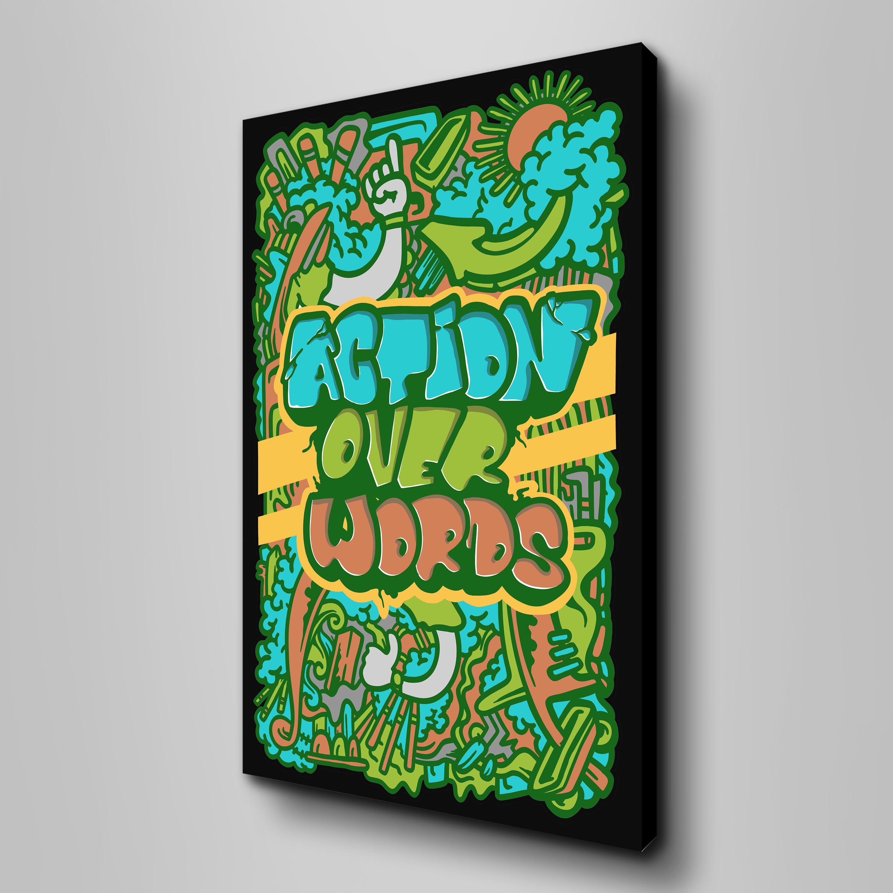 Motivational Graffiti Canvas Wall Art Action Over Words Etsy