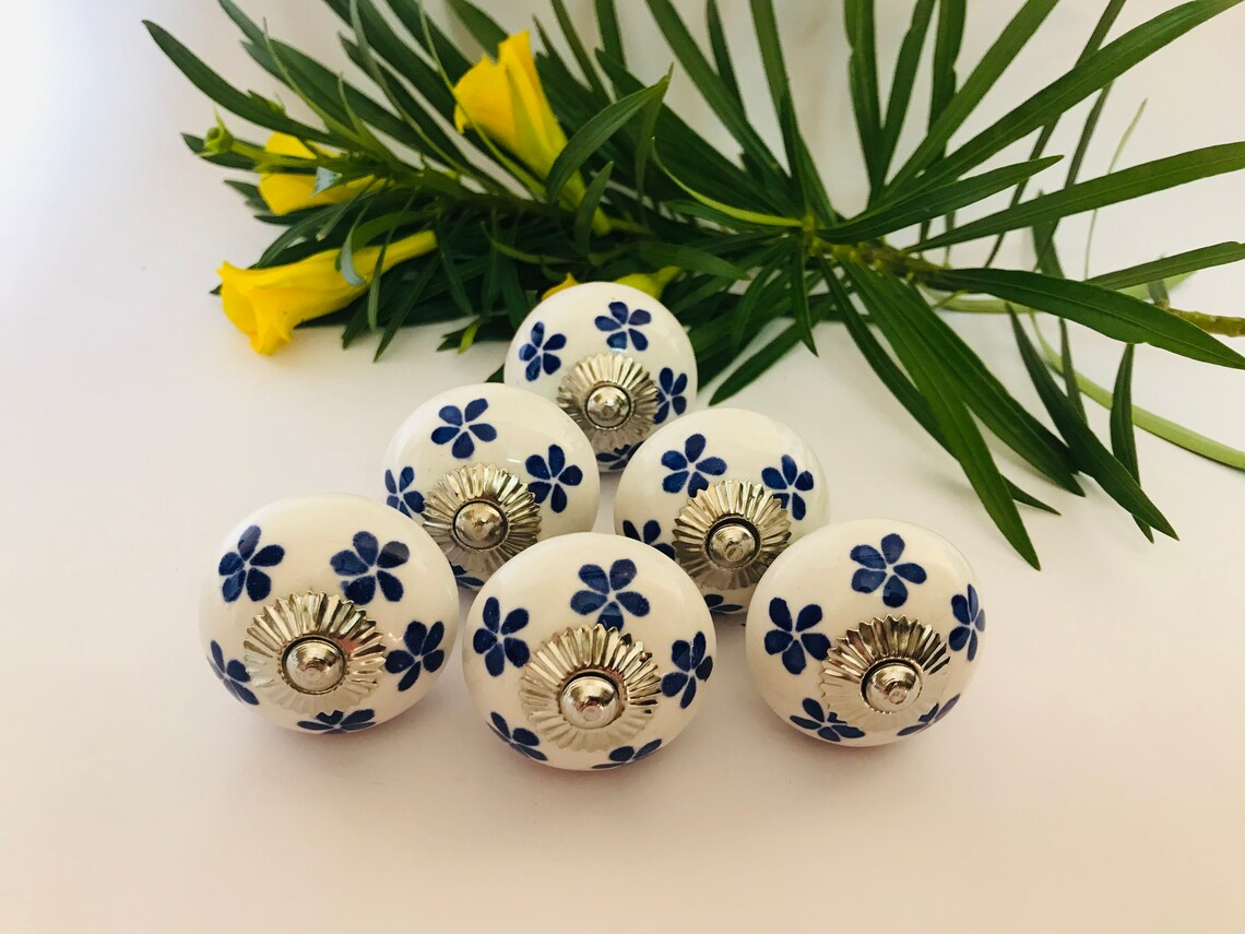 White and Blue Floral Handmade Designer Ceramic Knobs/hand Etsy