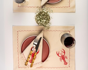 Set of 2 Lobster Block Printed Cotton Placemats - Coastal Table Decor