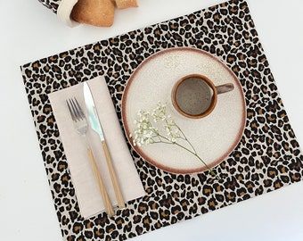 Leopard Print Cotton Canvas Placemats Set of 4, Table Linen, Kitchen Table Mats, New Home Gift, Table linens, Embroidered Placemats