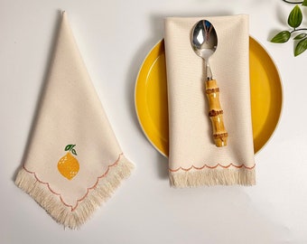 Serviettes de table à motif bloc, peintes à la main avec franges citron, serviettes de table à cocktail réutilisables, serviettes en tissu, cadeau pour la nouvelle maison, linge de table d'été