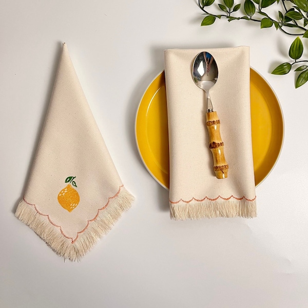 Block Printed Lemon Napkins - Set of 2, Cotton Frayed Edge Cloth Napkins