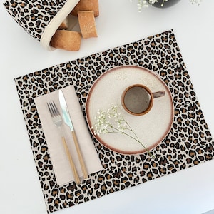 Leopard Print Cotton Canvas Placemats Set , Table Linen, Kitchen Table Mats, New Home Gift, Table linens, Embroidered Placemats