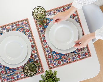 Persian Rug Style Fabric Placemat Set, Reversible Placemats New Home Gift, Reusable Placemats, Moroccan Style Dinner Mats