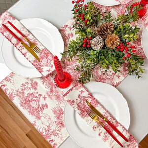 Caminho de mesa vermelho Toile de Jouy, Caminho de mesa de jantar, Toalha de mesa vintage, Decoração de mesa festiva