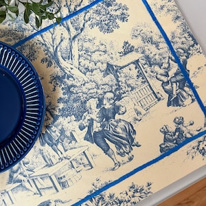 Blue Toile Fabric Placemats, New Home Gift, Cloth Placemats, Dining Table Placemats, Embroidered Table Mats