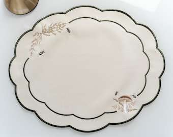 Oval Scallop Placemat with Toadstool  Embroidered / Farmhouse Table Decor