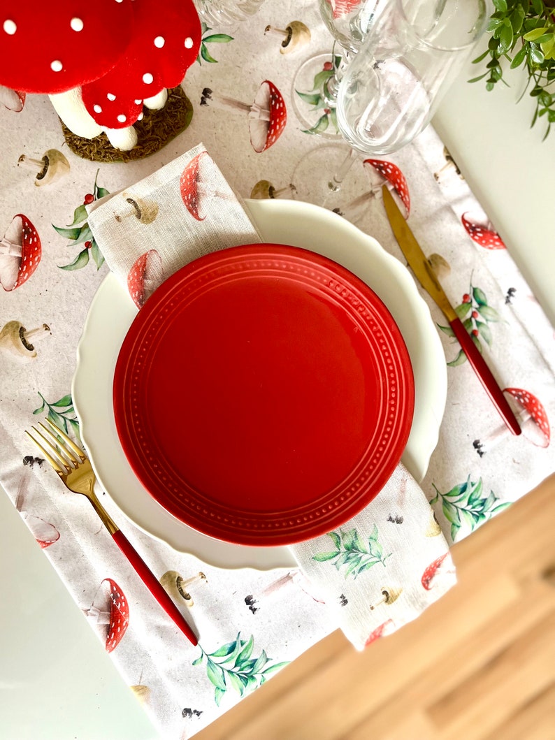 Mushroom Table Napkin Set, Toadstool Home Table Decor, Cloth Napkins, Dining Table Setting image 6