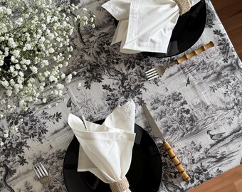 Toile Cotton Tablecloth: Washable Farmhouse Table Linen (74x51 inches)