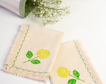 Hydrangea Block Printed Cotton Napkins - Frayed Edge Table Linens, Set of 2