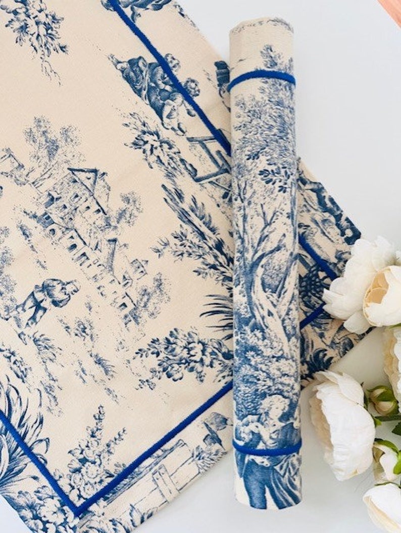 Blue Toile De Jouy Fabric Placemats Sets New Home Gift Cloth Etsy