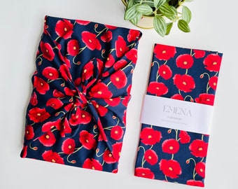 Furoshiki Gift Wrapping Set of 2 , Poppy Flower Reusable Gift wrap, Eco-Friendly Wrapping, Christmas Gift Wrapping