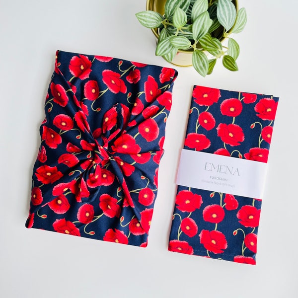 Furoshiki Geschenkverpackung 2er-Set, wiederverwendbare Geschenkverpackung mit Mohnblume, umweltfreundliche Verpackung, Weihnachtsgeschenkverpackung