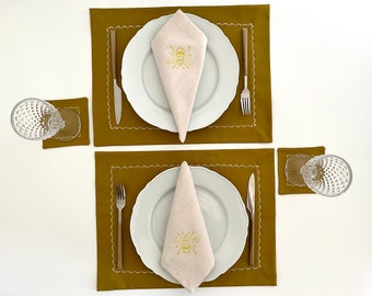 Ensemble de sets de table et sous-verres olive vert, sets de table en coton, linge de table brodé, sous-verres assortis, sets de table de cuisine, sets de table de salle à manger