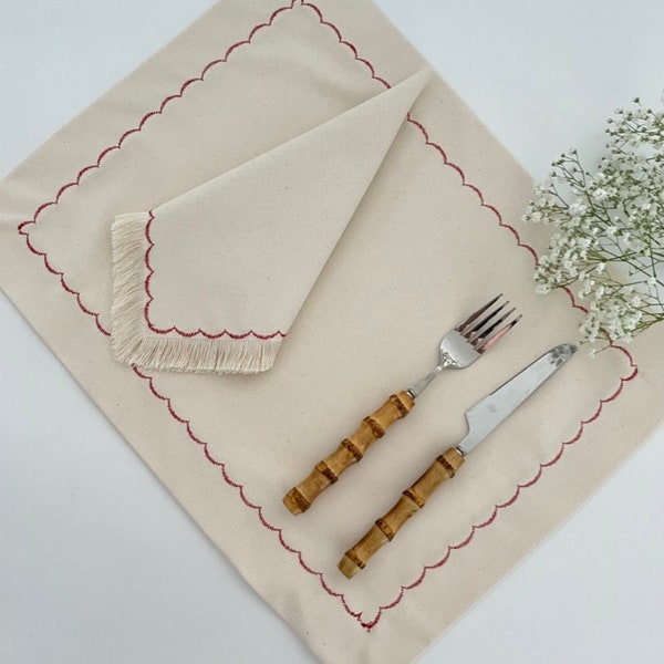 Cotton Canvas Placemats, Embroidered Borders Mats, Sustainable Table Linens, Cloth Placemats, Ecru Cotton Canvas