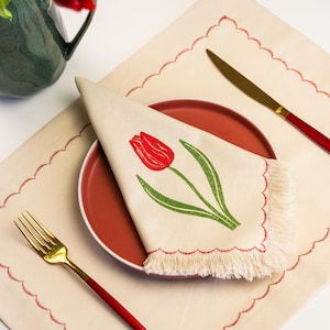 Fringed Cotton Napkins Set of 2, Tulip Block Print, Handmade Table Linens, Reusable Cloth Napkins, Dining Napkins, Spring Table Setting