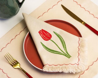 Tulip Block Print Cotton Napkins with Fringe: Handmade Table Linens, Set of 2