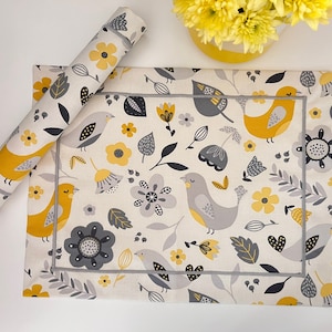 Manteles individuales de algodón con estampado floral de pájaros - Juego de 4