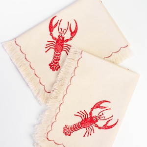Red Lobster Napkin Set of 2, Cloth Napkins, Reusable Cocktail Napkin, Dinner Table Napkins, Frayed Edge Napkin, Block Printed Napkins