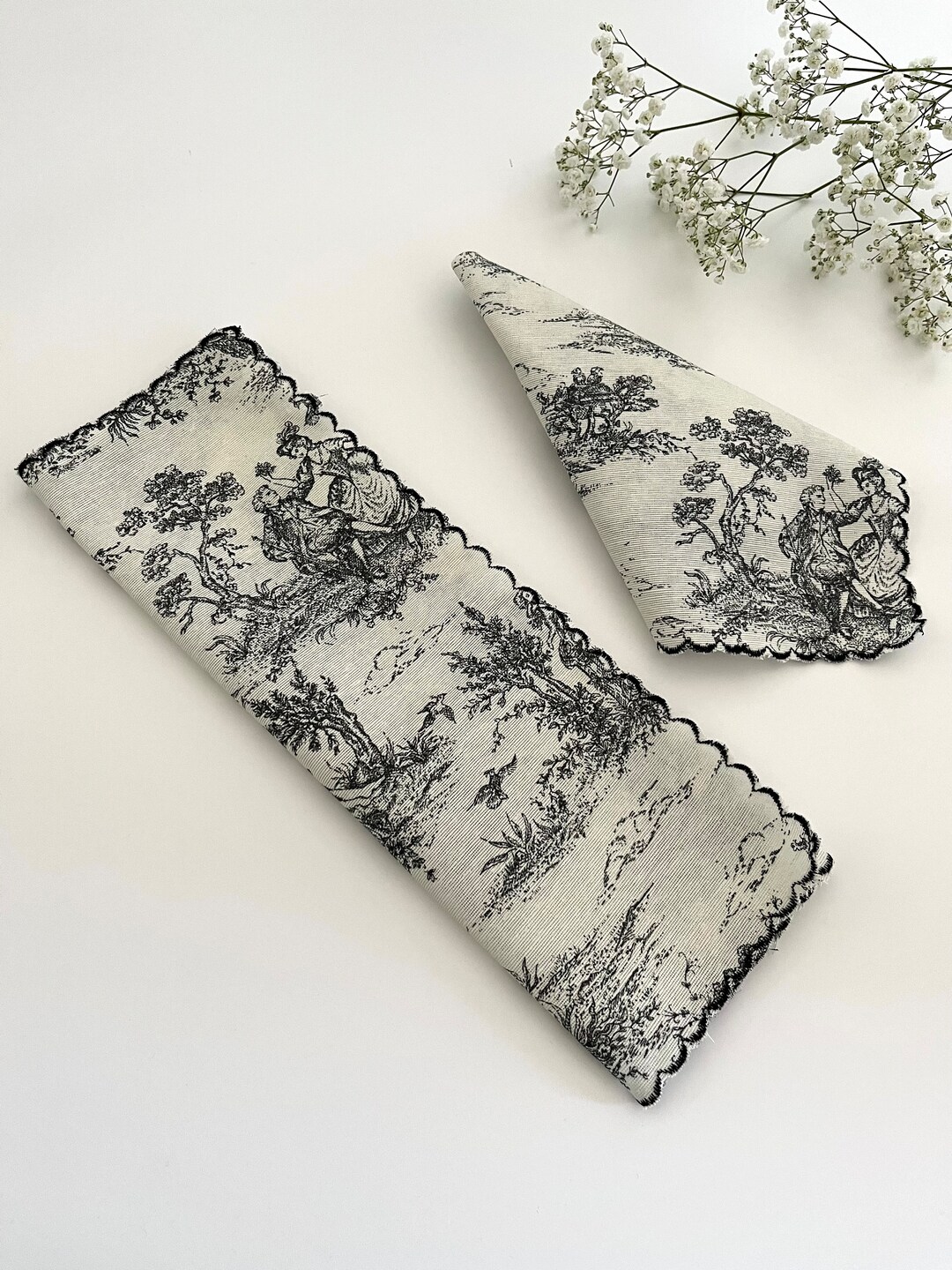 Black Toile Napkin Set, Embroidered Scalloped Edge Table Napkins, Toile