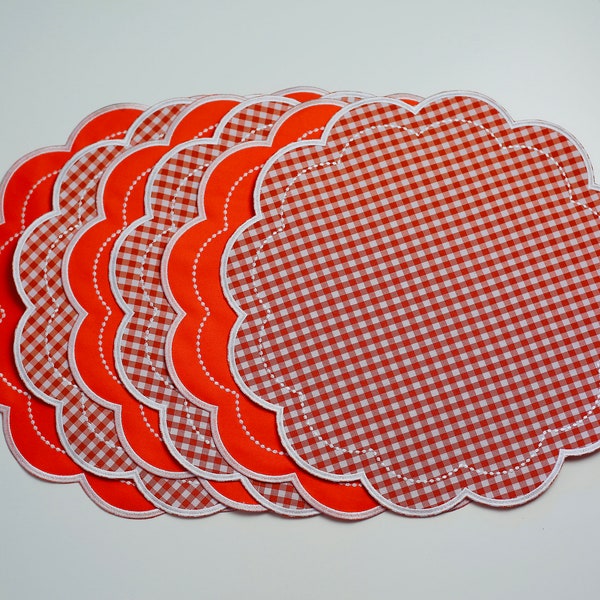 Orange Scalloped Edges Placemats Set of 6, Round placemats, New Home Gift, Embroidered Placemats Table Linens