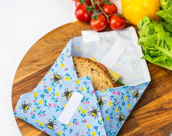 Handmade Reusable Sandwich Wrap Set, Floral Bee Print, Eco-Friendly Lunch Storage