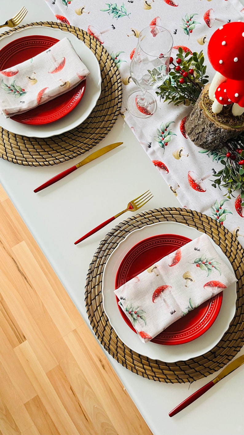 Mushroom Table Napkin Set, Toadstool Home Table Decor, Cloth Napkins, Dining Table Setting image 7