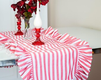 Handmade Cotton Ruffled Table Runner, Elegant Spring Decor