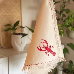 Set of 2 Handmade Cotton Napkins with Lobster Block Print & Frayed Edge Napkin, Dinner Napkins, Red Lobster Decor, Nautical Table Decor