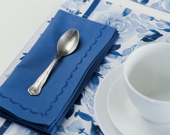 Blauwe katoenen tafelservetten set, geborduurde stoffen servetten, herbruikbare cocktailservetten, stoffen servetten, nieuw huiscadeau, blauw tafellinnen