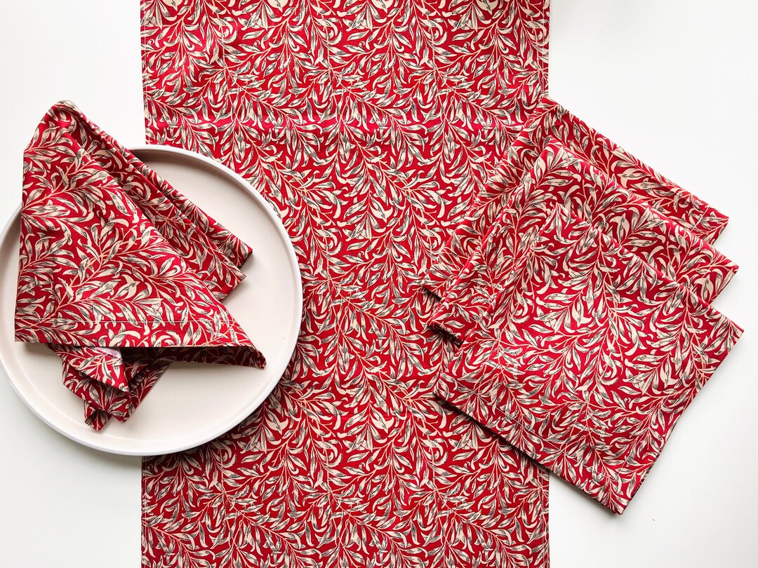 William Morris Table Runner and Napkins Set, Red Table Linen, Cloth
