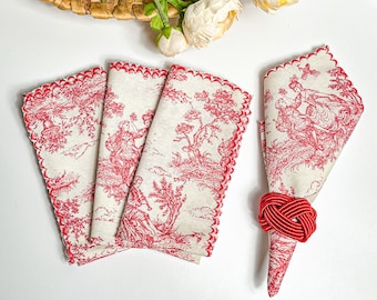 Red Toile Napkin Set, Cloth Napkins, RedTable linen, Cocktail Napkins, Cotton Table Napkin