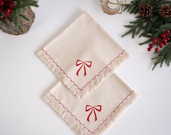 Red Bow Block-Printed Fringed Napkins - Cotton Napkins Set of 2