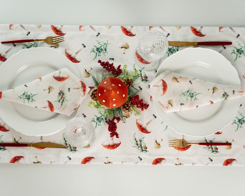 Mushroom Table Napkin Set, Toadstool Home Table Decor, Cloth Napkins, Dining Table Setting image 5