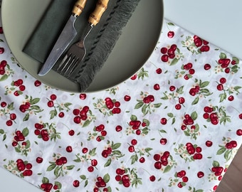 Handmade Cherry Print Cotton Table Runner: Spring Kitchen Decor