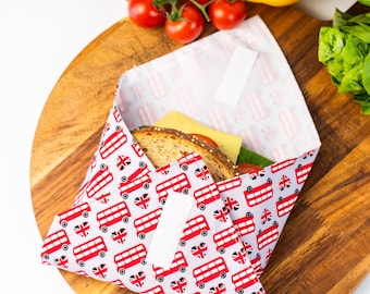 Reusable Sandwich Wraps Set: London Bus Print, Eco-Friendly Lunch Bag