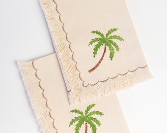 Palm Tree Block Print Napkins (Set of 2): Frayed Edge Cotton Cocktail Napkins